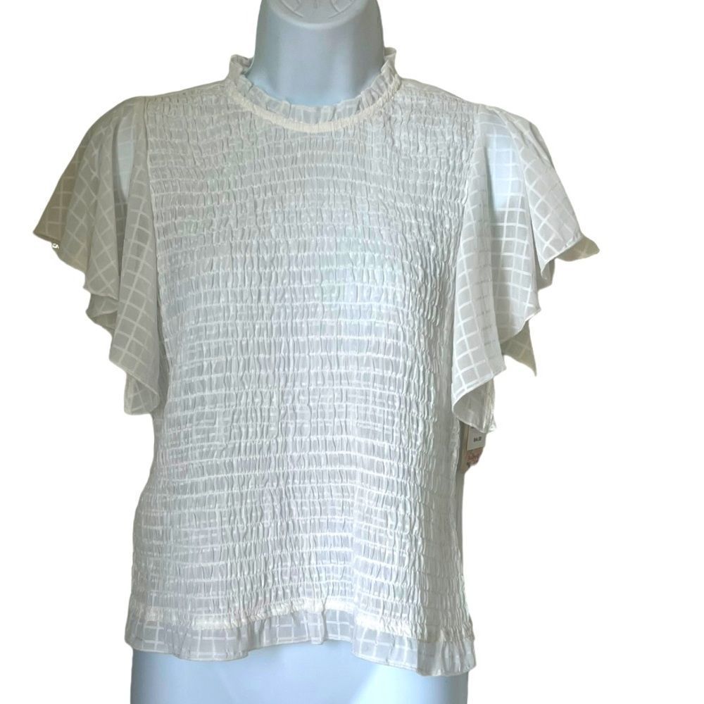 NWT Charmed Hearts Women's White Sheer Smocked Butterfly Sleeves Blouse sz S